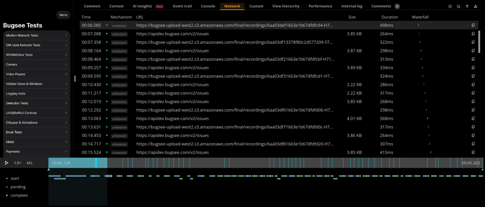 A session in the Bugsee dashboard: the recorded app screen on the left, the captured network requests with timings in the middle, and the session timeline below.