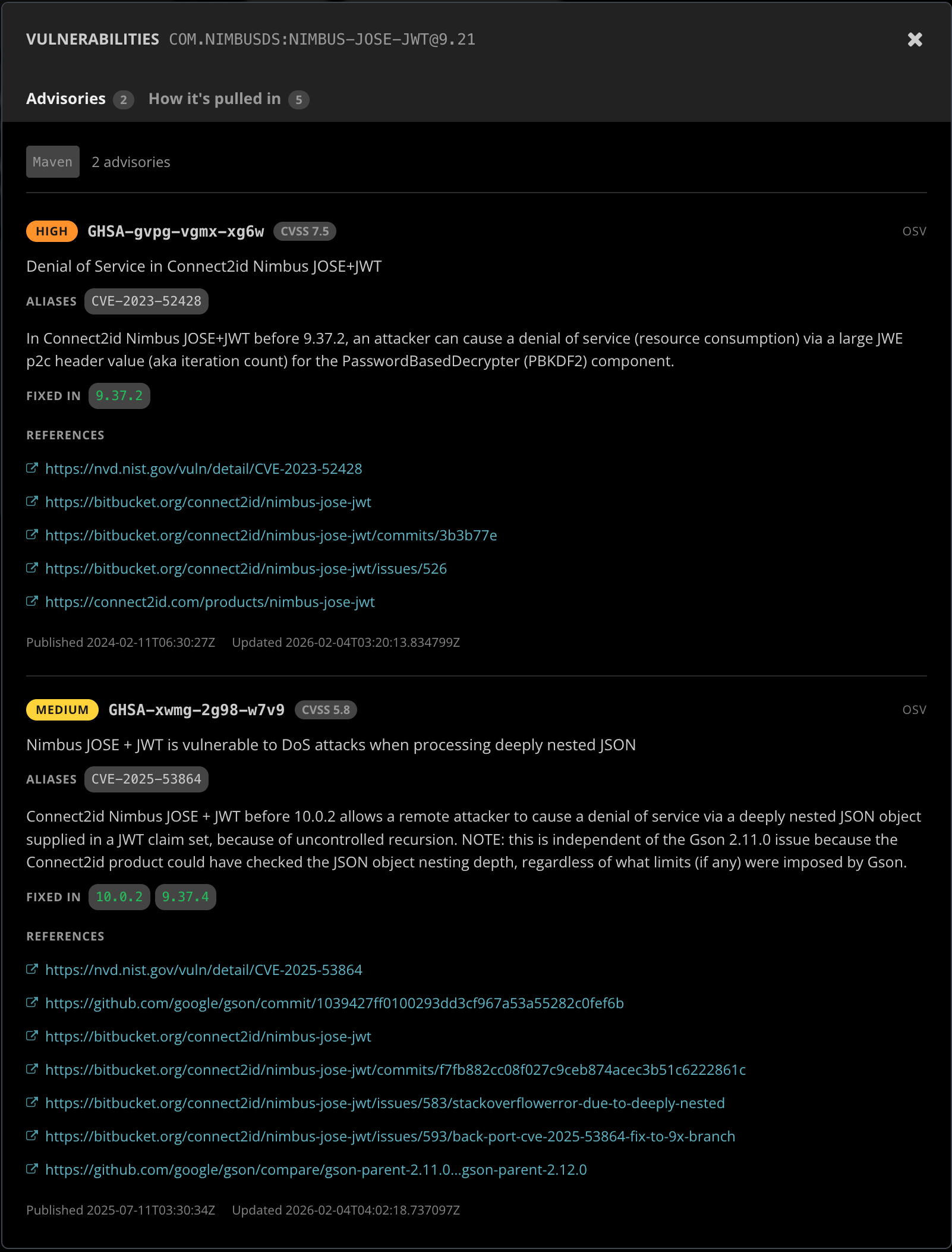 Per-advisory details dialog for a vulnerable library: advisory tabs, severity and CVSS badges, GHSA identifier, alias CVE IDs, the description, suggested fix versions, and reference links to NVD and upstream issue trackers.
