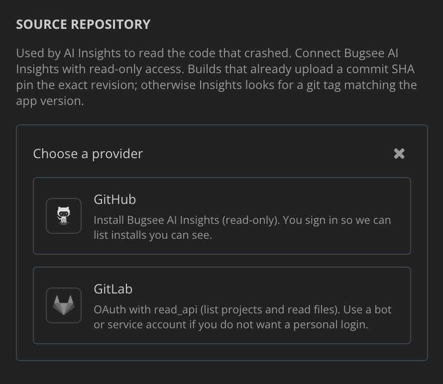 Bugsee source repository setup: a "Choose a provider" panel offering GitHub, which installs the Bugsee AI Insights app read-only, and GitLab, which connects over OAuth with read_api scope.